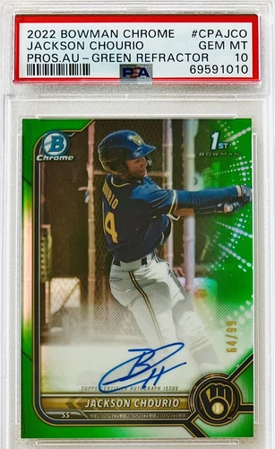2022 Bowman Chrome Jackson Chourio 1st Bowman Auto Green Refractor #/99 PSA 10💎
