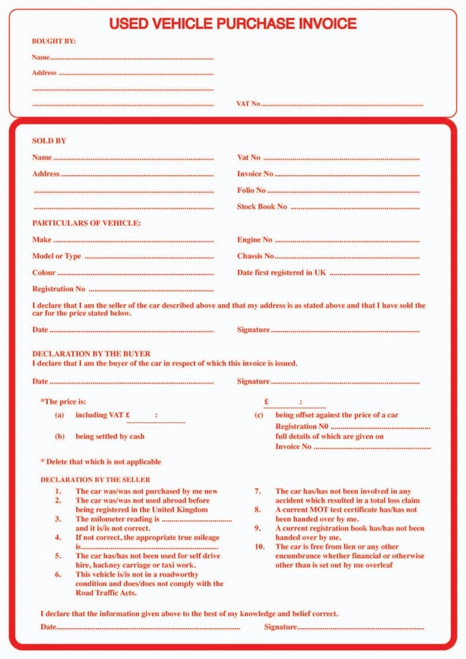 USED CAR VEHICLE SALES INVOICE PAD AND PURCHASE PAD FOR BUYING & SELLING CAR VAN