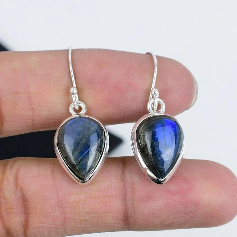 Naturale Pietra Labradorite Gancio Orecchino 925 Argento Sterling Mano Gioielli - Immagine 2 di 4