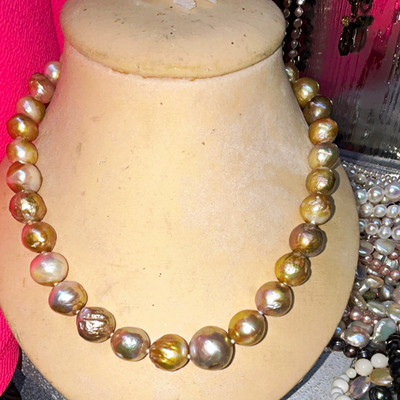 Multiclr gldn Xl Baroque Pearl Necklace, 925 SS Spring Clasp