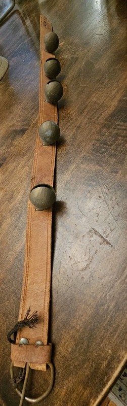 India Sarna: Vintage 5 Bell Belt; 5 Brass Bells Strung Along Leather Belt
