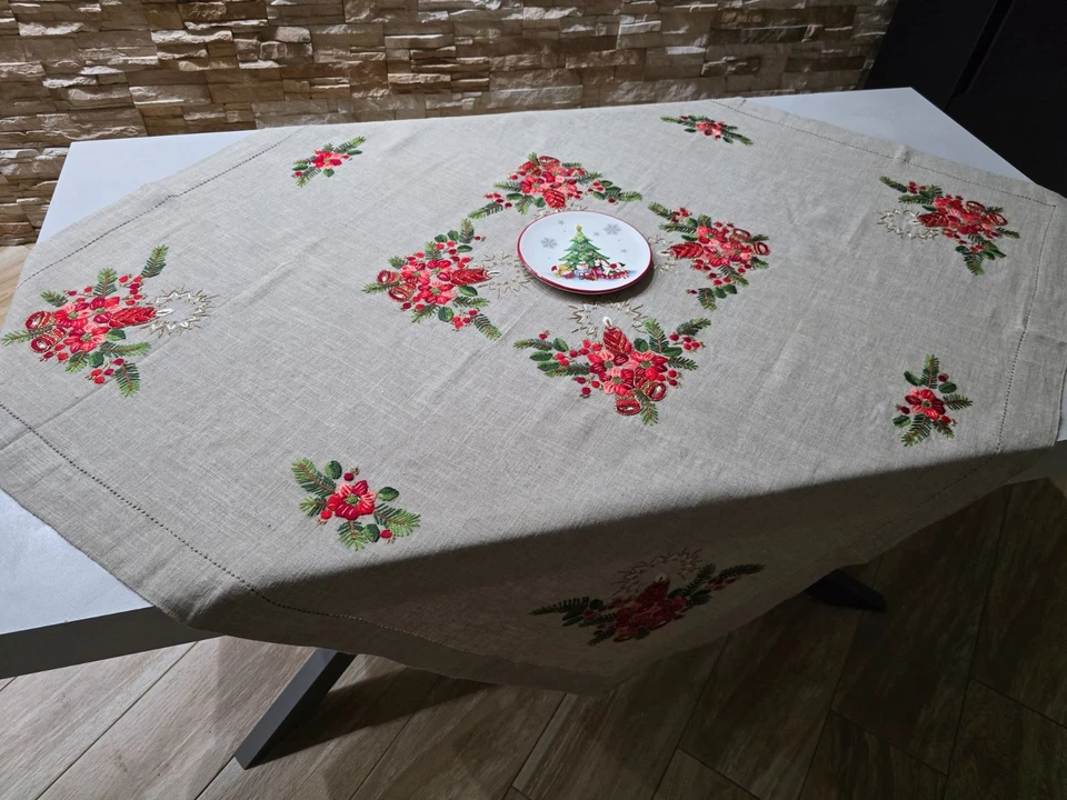 Tovaglia Natalizia quadrata ricamata a mano in canapa di lino Natale ecrù color - Image 3 of 4