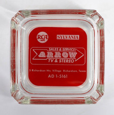 Cenicero de vidrio de marketing vintage MCM Arrow TV y estéreo Richardson TX