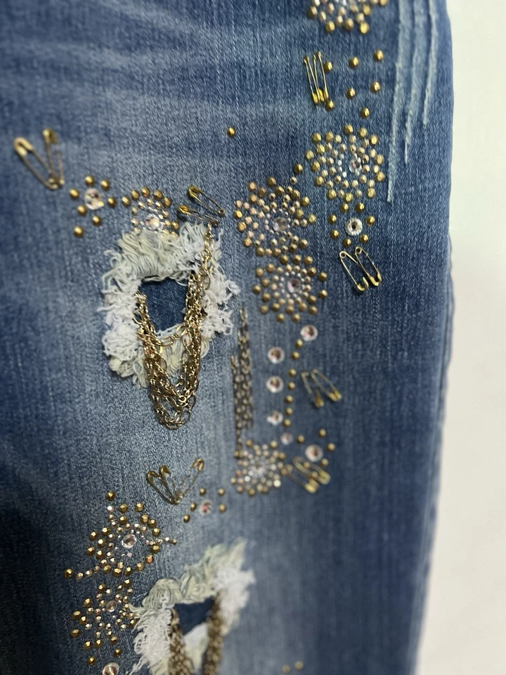 Pantalones de mezclilla ajustados Y2K V Cristina para mujer talla 12 cadenas adornadas estrás desgastados Foto 4 de 4