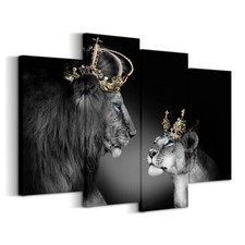 Large 4 Panel Wall Decor The Lion King and Queen with Crown Wall Art African