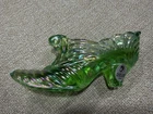 Green Fenton Glass Slipper Shoe Scallop Cat Head VTG