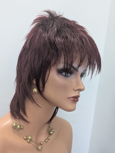 Synthetic Short Layered Spikes Fringed Wig Color 99J Wine Red Bangs - Picture 6 of 11