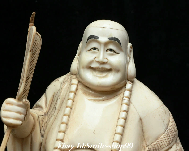 Antiguo Tíbet Templo de Hueso de Ganado Happy Laugh Maitreya Buda Fan Bolsa de Monedas Estatua Foto 2 de 4