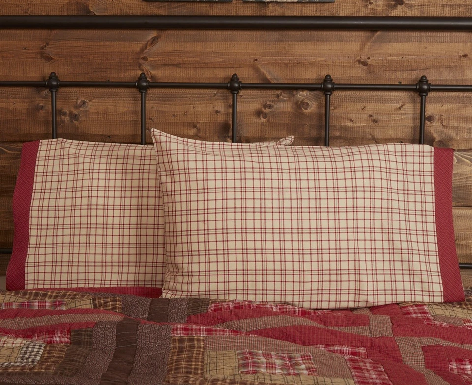 Juego de 2 fundas de almohada estándar a cuadros abiertos borde rojo 100 % algodón Tacoma Foto 4 de 4