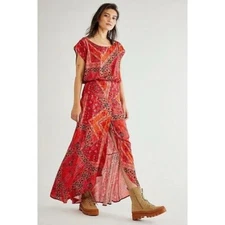 Free People Red Printed Blakely Tulip Maxi Dress Size XL D02