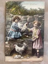 TC~2108~PM 1911~A Cheerful Easter~Little Girls & Roosters~Nests Of Eggs Postcard