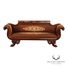 American Empire Carved Mahogany and Needlepoint Sofa
