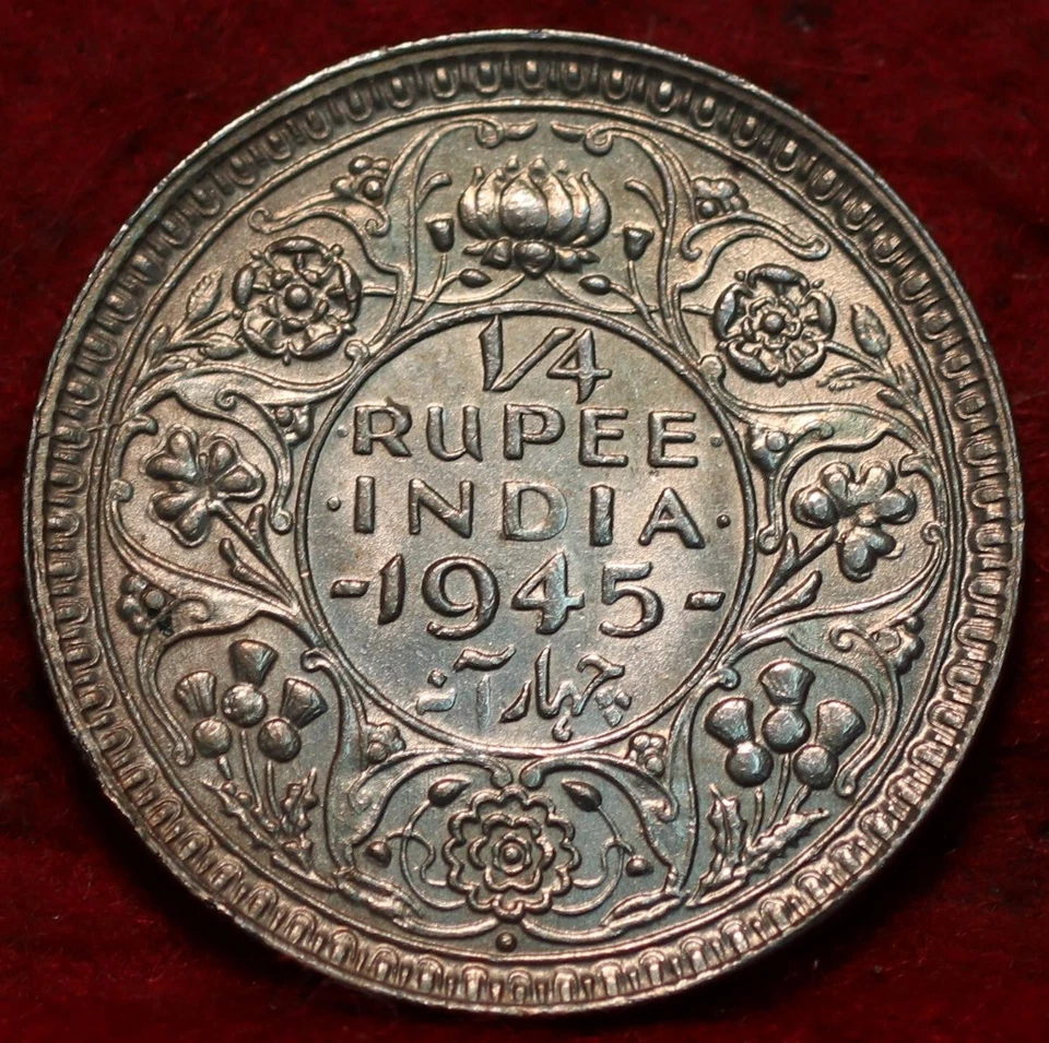 🇮🇳 Moneda Extranjera de Plata India Británica 1945 Sin Circular 1/4 Rupia Foto 2 de 2