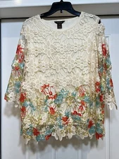 multiples womens tops Ivory Floral Crochet embroidery summer elegant size PL