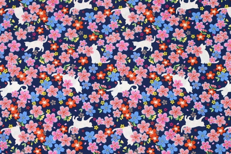 Cats & Cherry Blossom On Blue 100% Cotton Fat Quarter Fabric Quilting FQ #0180 - image 4 of 4