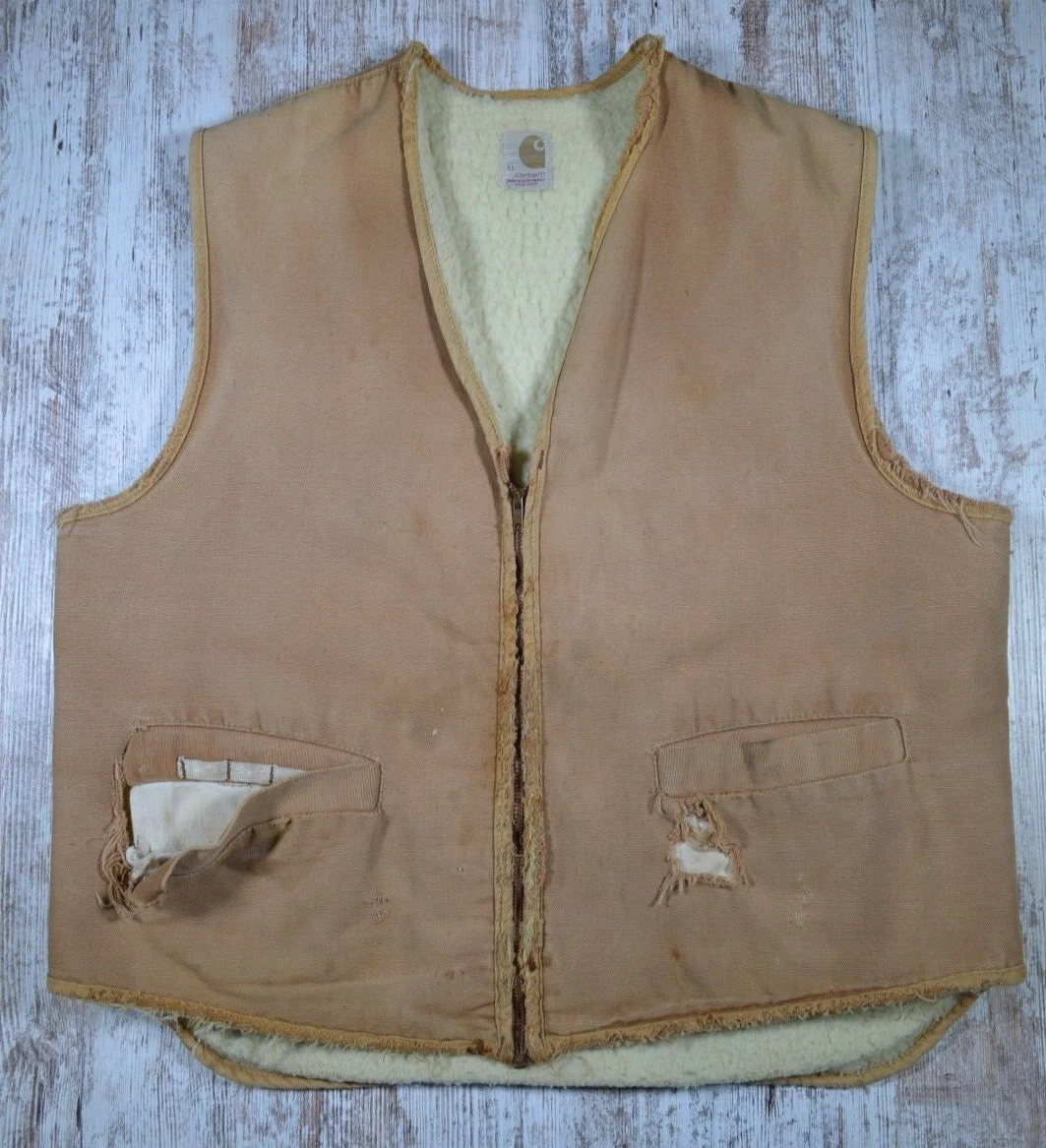 Vintage Carhartt Vest Sherpa Lined XL VTG 70s 1970s Thrashed Distressed USA