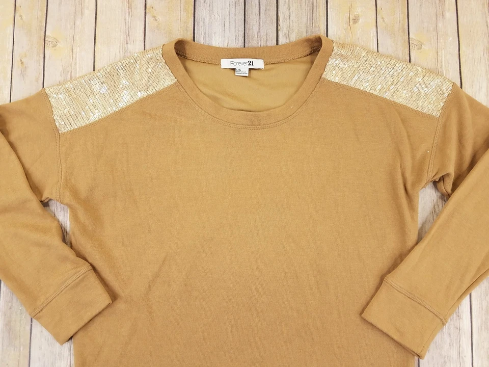 Forever 21 Top Blouse Women Size L Beige Long Sleeves Sequin Shoulder Casual B10 - Image 2 of 4
