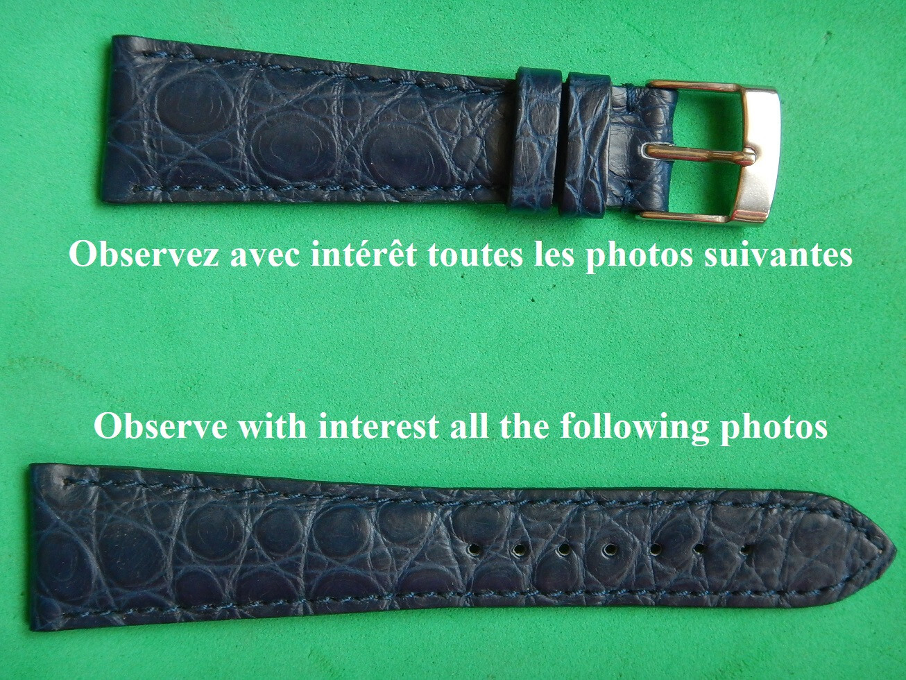 Bracelet montre crocodile bleu nuit mat 22 mm avec boucle 16 mm