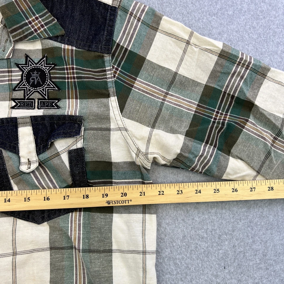Red Ape Shirt Mens Medium Green Brown Plaid Long Sleeve Collared Button Up - Image 2 of 4