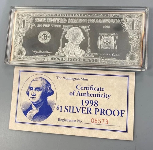 1988 Washington Mint 4ozt .999 Silver $1 Bar w/case/ogp L24530