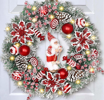 Corona navideña 45 cm con Santa esquiador y flores rojas, decoración para puerta