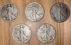 Walking Liberty Half Dollars, Lot Of 5, 90% Silver US Coins Various Years.
