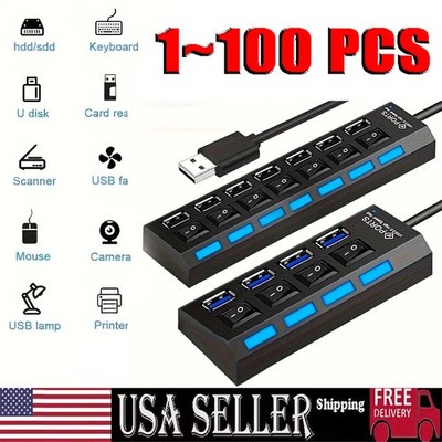 USB Hub 7 Port On/Off Switch High Speed Splitter AC Adapter Cable PC Laptop Lot