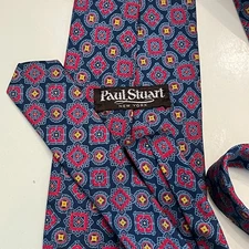 Paul Stuart New York Mens Tie Blue  100% Silk Geometric Necktie
