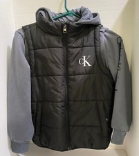 CALVIN KLINE BOYS HOODED JACKET, GREY BLACK, SIZE 7/8