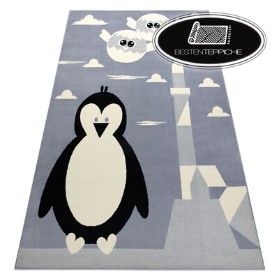 Modern Teppich Tiermotive FLASH Penguin für Kinder grau Carpet Kinderteppich