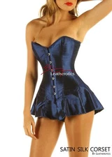 Steel Boned Back Lacing Skirted Satin Overbust Corset Metallic Blue