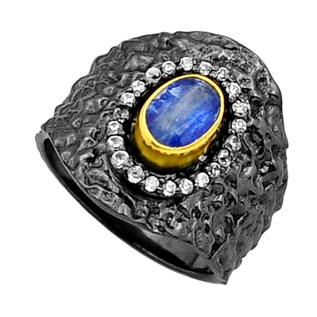 Hand Carved 1.76cts Black Rhodium Kyanite Topaz Gold Ring Size 6.5