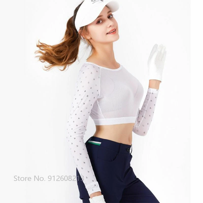 Women Printed Long Sleeve Shirt Ice Silk Golf Crop Tops Anti-UV Elastic T-shirt - Image 4 of 4