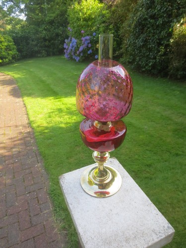 Antique Cranberry Glass & Brass OIL Lamp & Original Optic Beehive oil lamp Shade - Picture 2 of 24