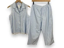 Earth Angels Womens Pajama Set Size M Blue Striped Embroidered Flowers Lace