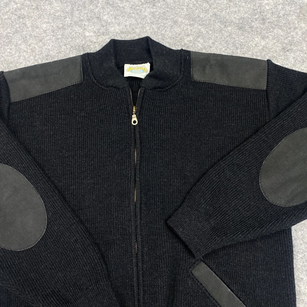 Aklanda Sweater Mens Small Wool Full Zip Suede Patches Jacket Cardigan Vintage