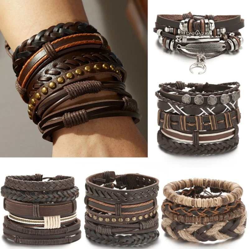 5 6pcs Mens Punk Leather Wrap Braided Bracelet Wristband Bangle