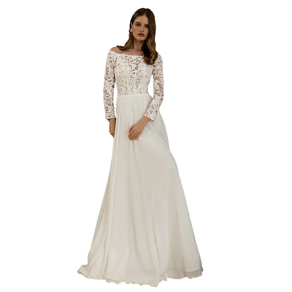 Chiffon Boat Neck Long Sleeve Wedding Dresses