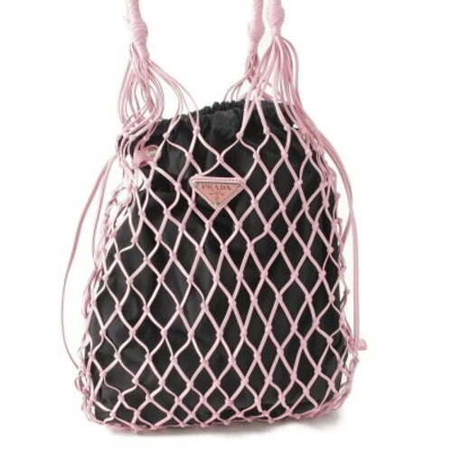 PRADA RETE TESSUTO Leather Mesh Drawstring Tote Handbag 1BC072
