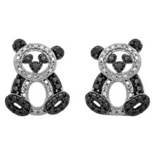 0.10 CT Round Natural Diamond Panda Stud Earrings 14K White Gold Plated Silver