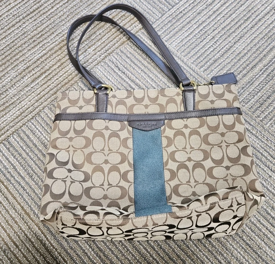 Coach Handbag Purse Signature C With Teal Stripe Brown F28504. Designer