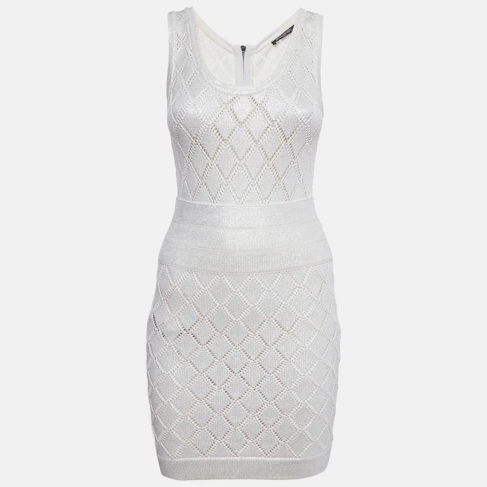 Balmain Ivory Lurex Knit Sleeveless Mini Dress S