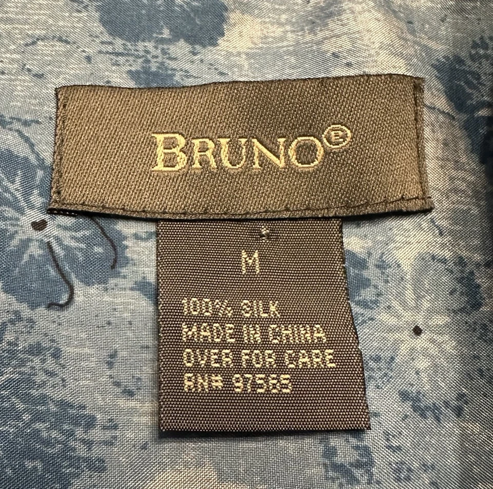 Camisa De Colección Bruno Azul Seda Floral Estampado Geométrico Para Hombres M Manga Corta Abotonada Foto 3 de 4