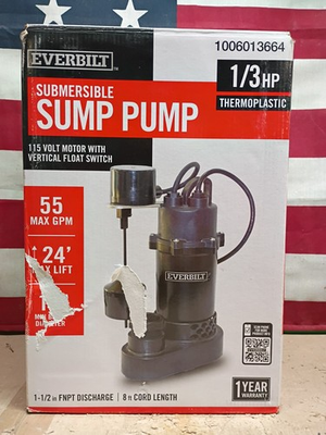 #ad HDSP33V Everbilt 1 3 HP Aluminum Sump Pump Submersible Vertical Switch Open Box $42.74