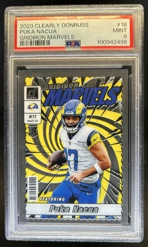 2023 Panini Clearly Donruss Puka Nacua Gridiron Marvels RC Rookie #18 Rams PSA 9