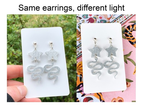 Stars and Snakes, Glittery Acrylic Earrings, Stainless Steel Studs - Picture 4 of 5