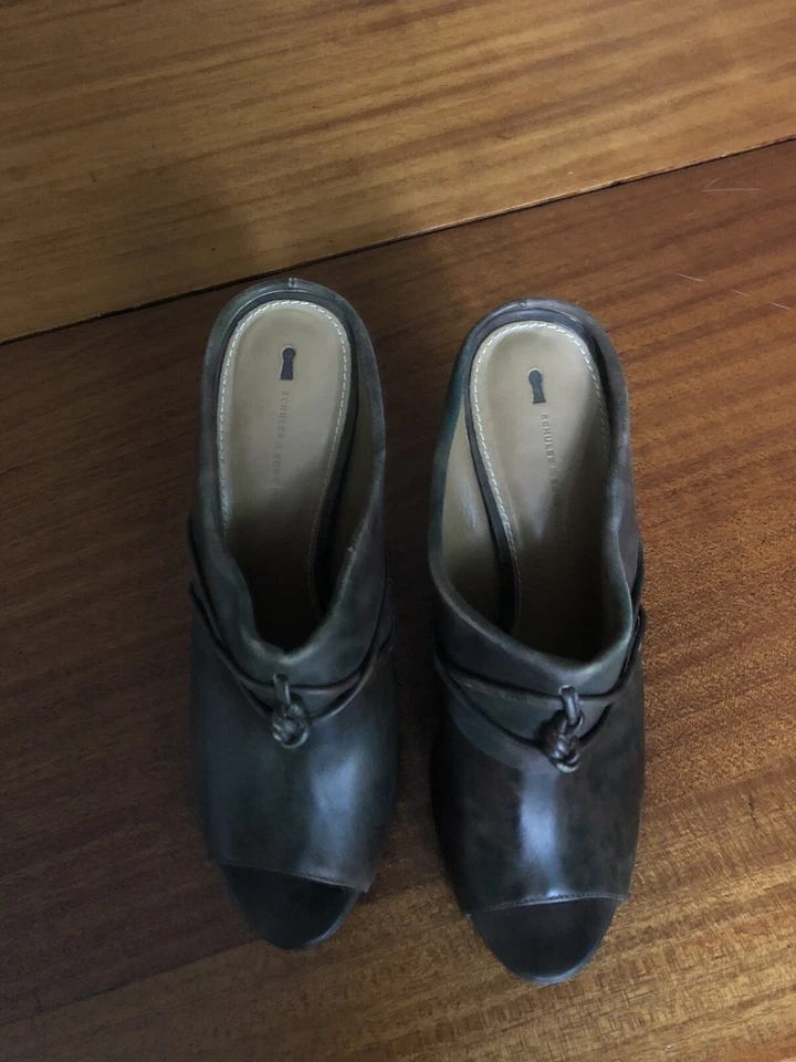 SCHULER SONS PEEP TOE PLATFORM MULES SLIDES Brown LEATHER sz 10 B Shoes - Imagem 2 de 4