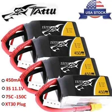 4x Tattu 3S 450mAh 75C 11.1V Lipo RC Airplane / Drone Battery Pack w/ XT30 Plug