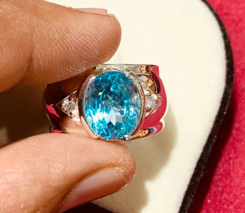Natural Blue Topaz Gemstone with 14K White Gold Plated Silver Ring for Men AJ510 - Image 4 of 4