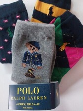 4-6X Girls Polo Ralph Lauren POLO BEAR Crew Socks Shoe Size 10-13 Argyle , 4 Pr.